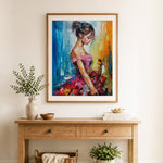 Finished violinist in bold hues cross stitch artwork displayed as home decor