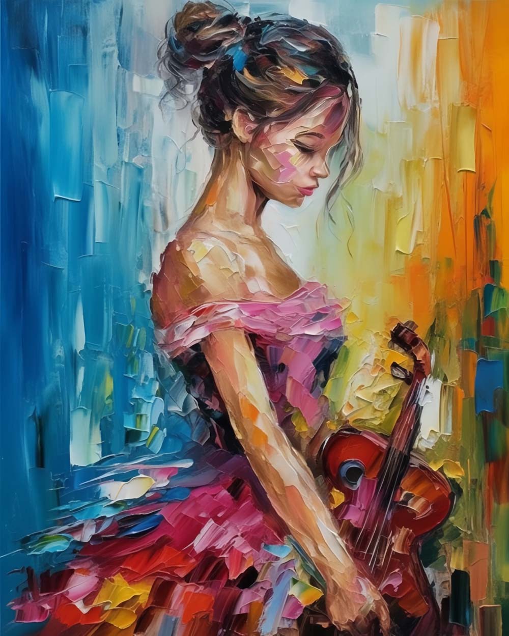 Violinist in bold hues cross stitch kit for beginners