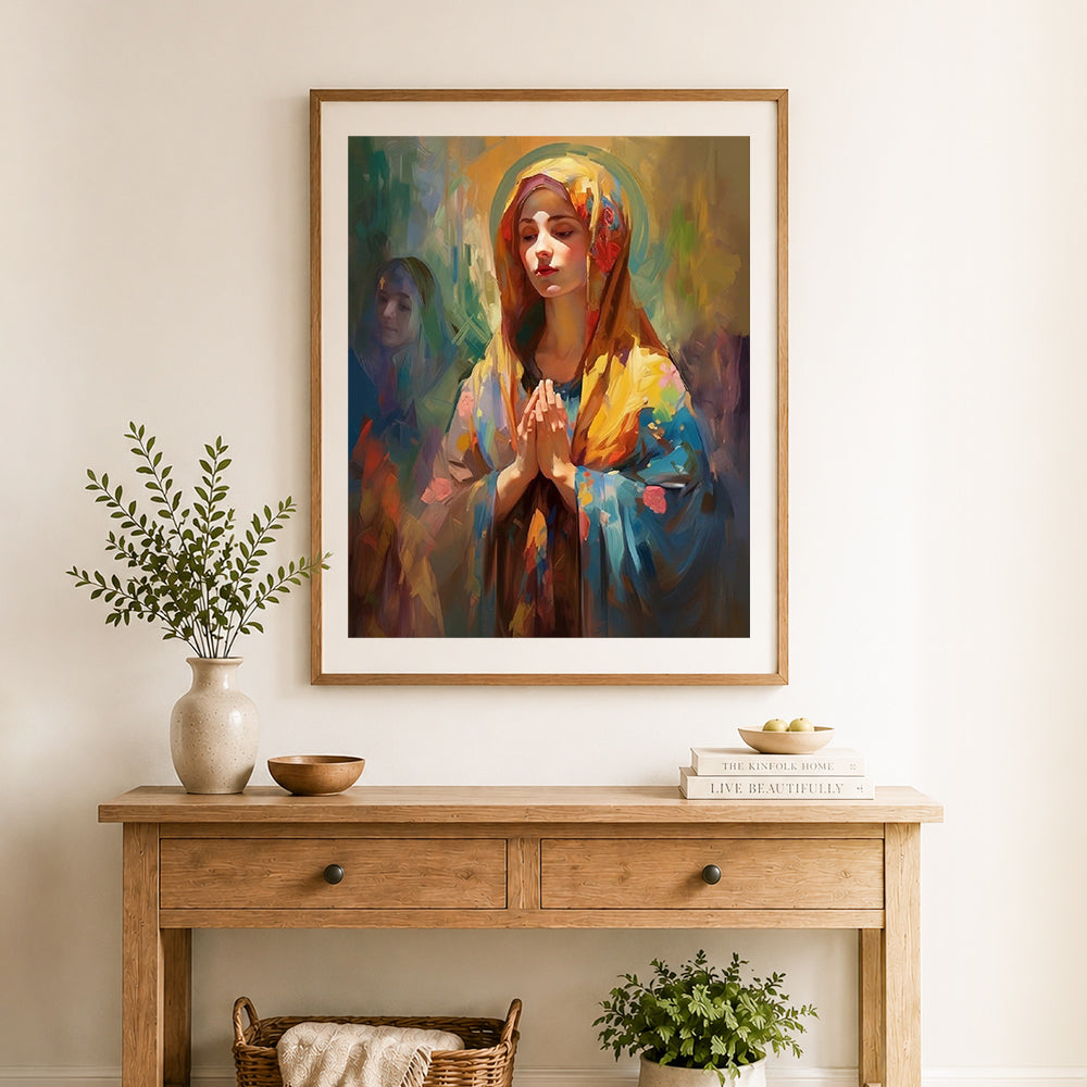 Finished virgin mary in prayer cross stitch artwork displayed as home decor