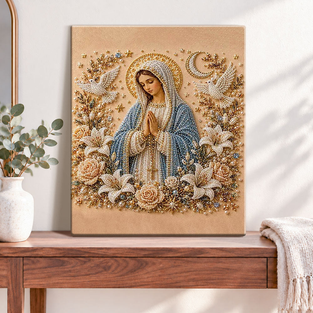 Finished virgin mary in prayer pearl diamond painting artwork displayed as home decor