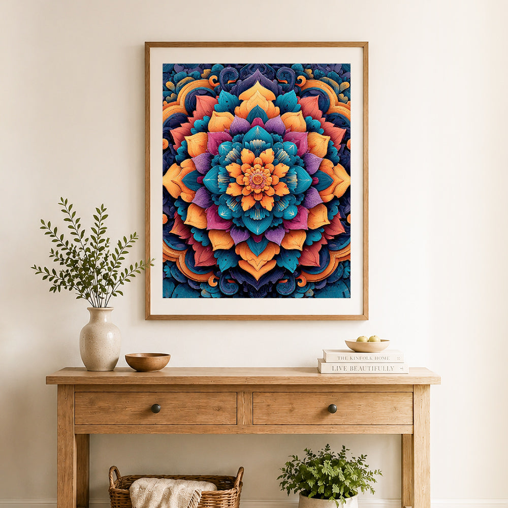 Finished vivid 3d floral mandala cross stitch artwork displayed as home decor