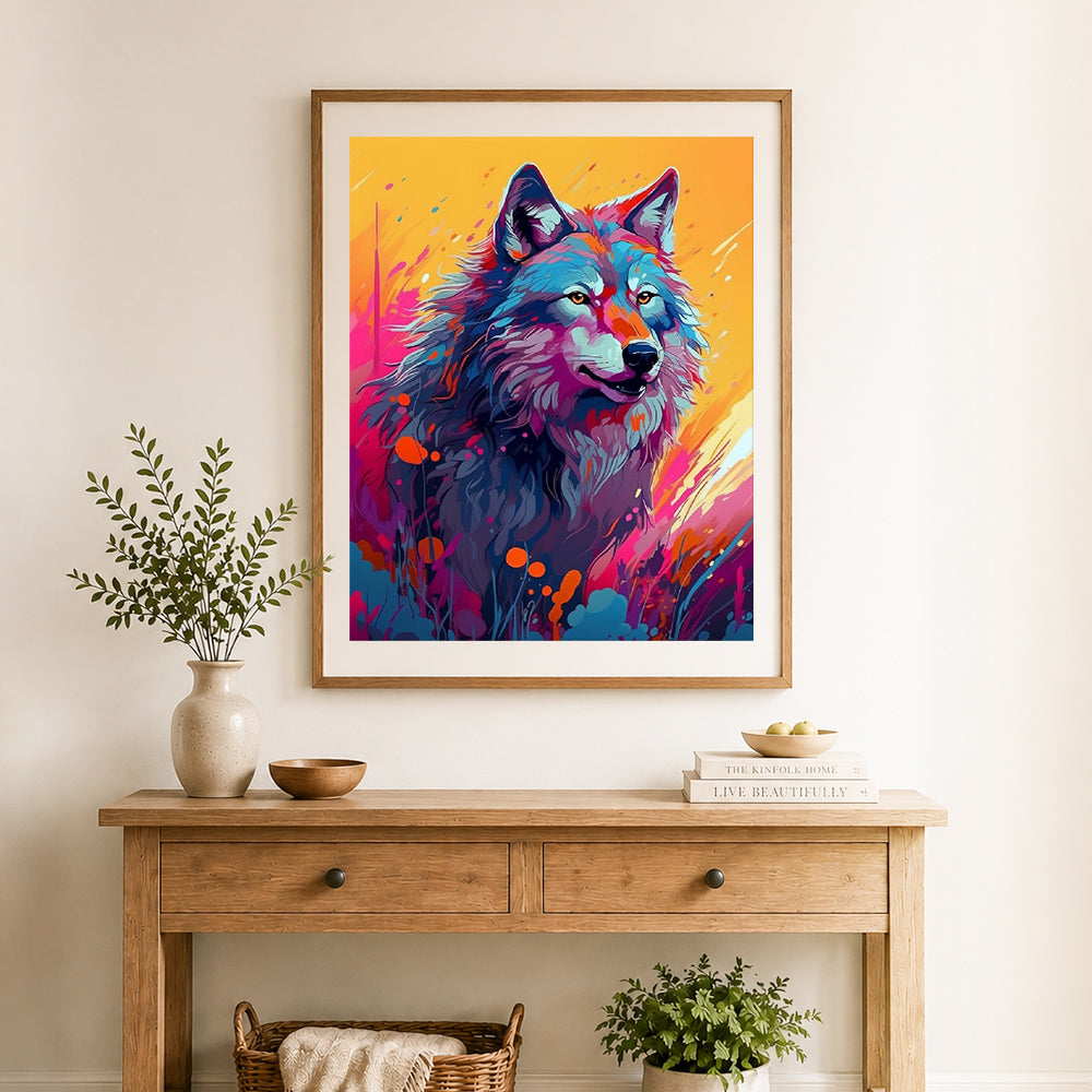 Finished vivid brushstroke wolf cross stitch artwork displayed as home decor