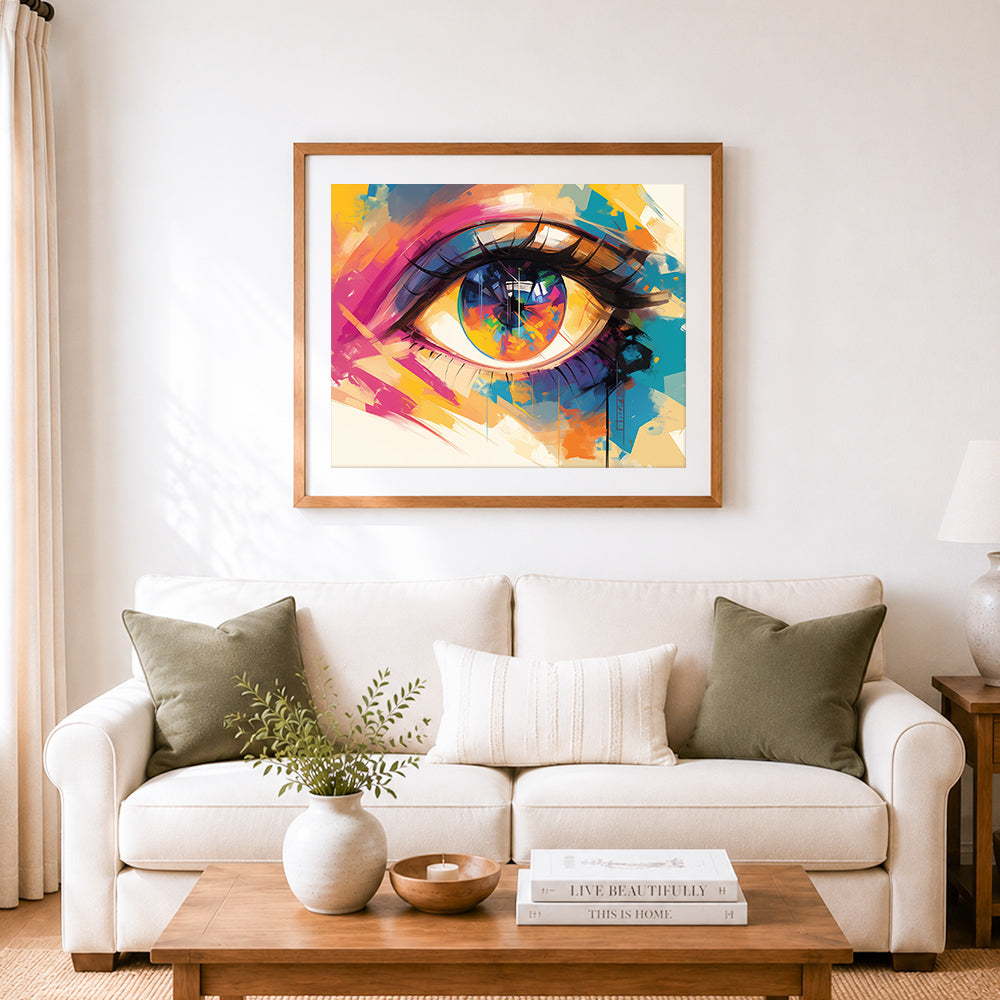 Finished vivid painted eye cross stitch artwork displayed as home decor