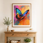 Finished vivid palette knife butterfly cross stitch artwork displayed as home decor
