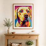 Finished vivid pop labrador cross stitch artwork displayed as home decor