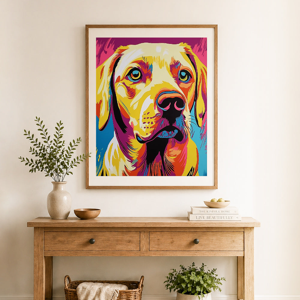 Finished vivid pop labrador cross stitch artwork displayed as home decor
