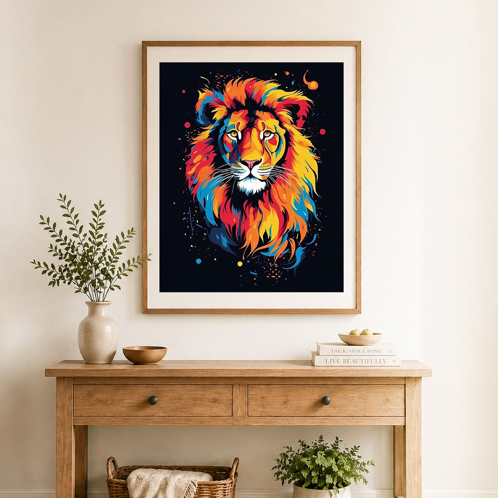 Finished vivid splash‑art lion cross stitch artwork displayed as home decor