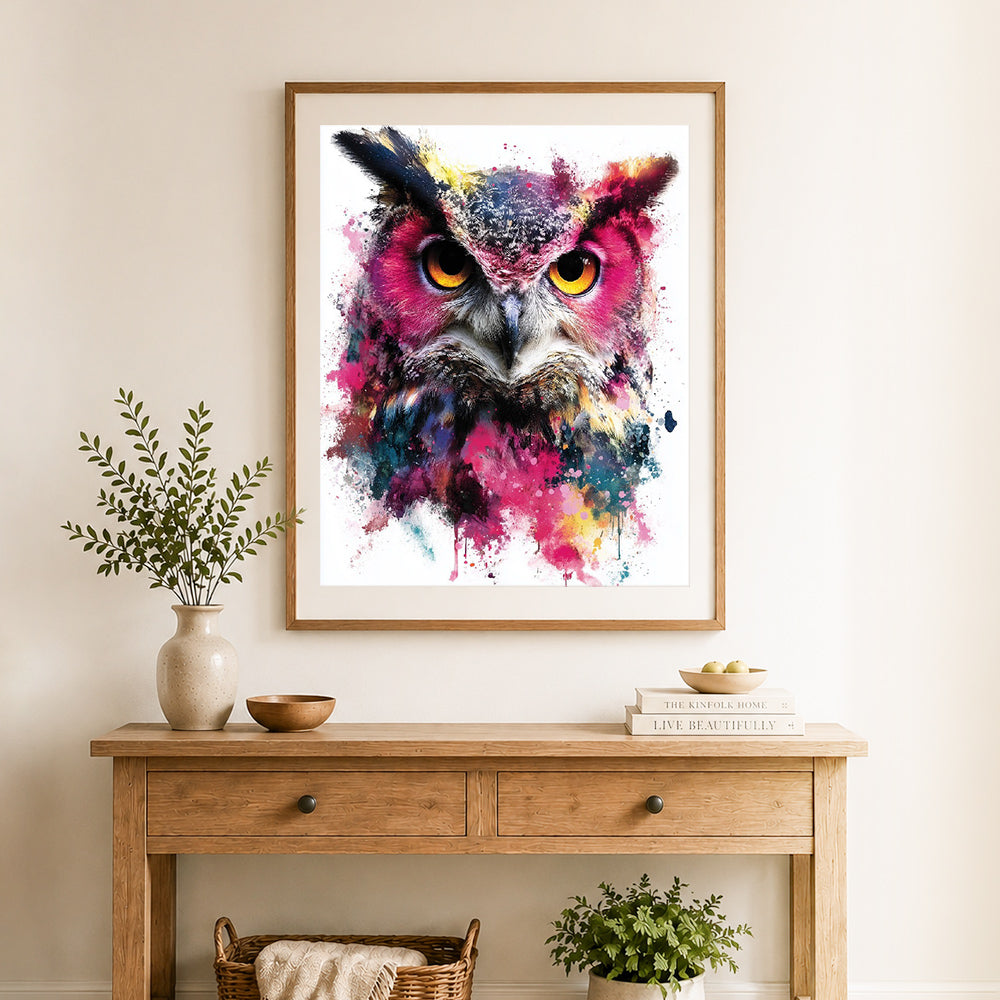 Finished vivid splash‑paint owl cross stitch artwork displayed as home decor