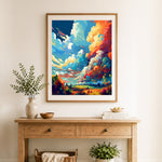 Finished vivid surreal sky countryside view cross stitch artwork displayed as home decor