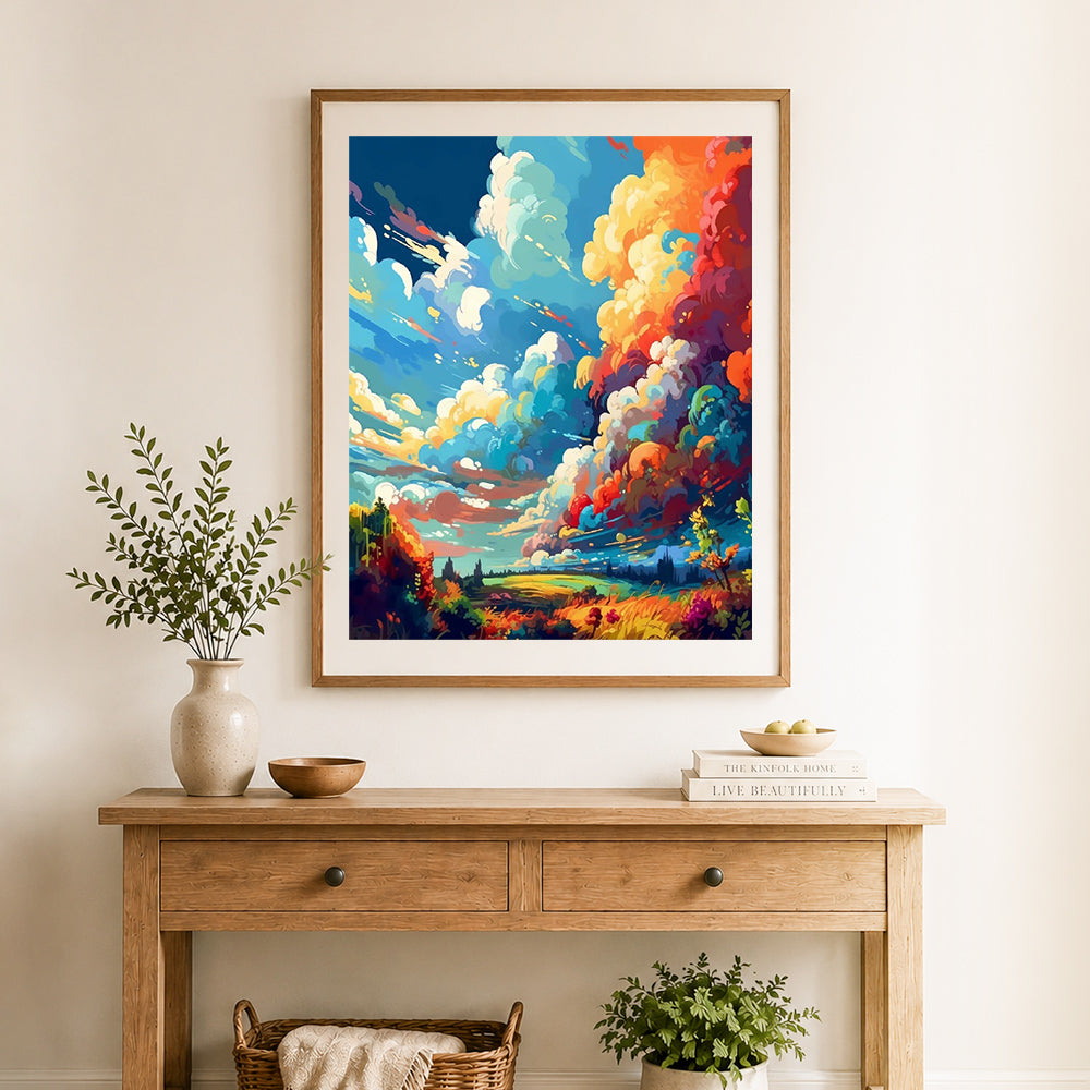 Finished vivid surreal sky countryside view cross stitch artwork displayed as home decor