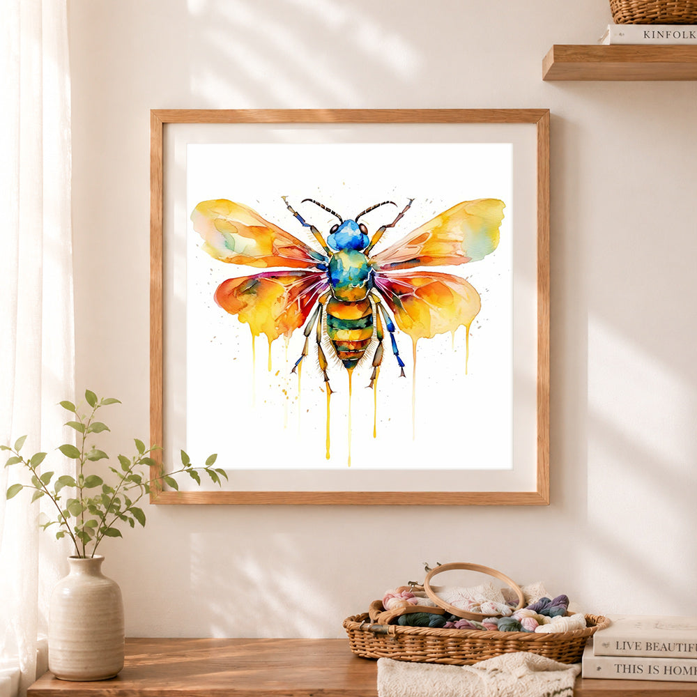Finished vivid watercolor bee cross stitch artwork displayed as home decor