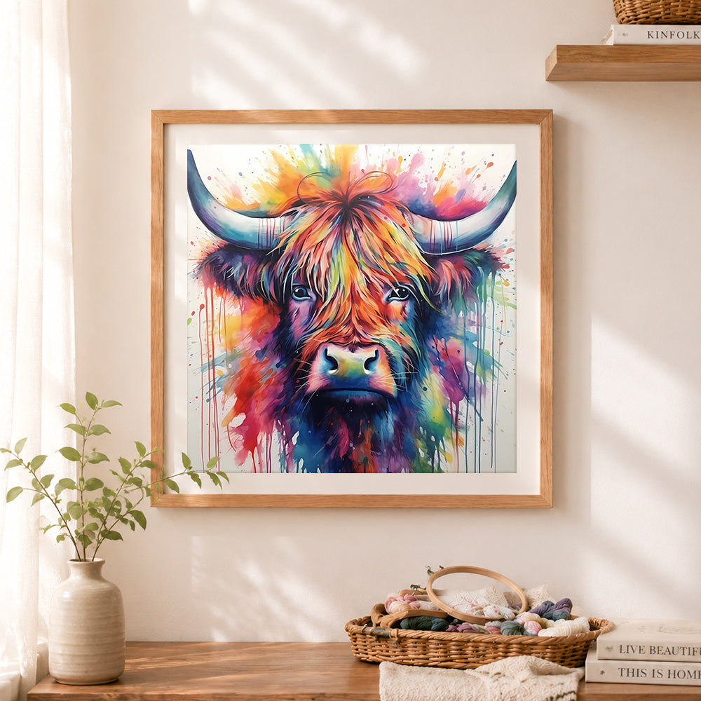 Finished vivid watercolor highland cow cross stitch artwork displayed as home decor