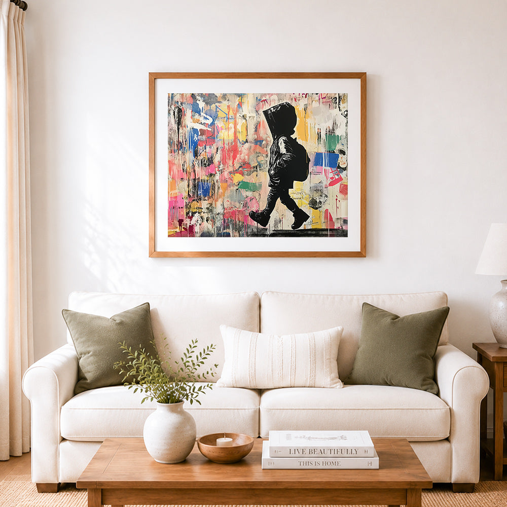 Finished walking kid with a backpack cross stitch artwork displayed as home decor