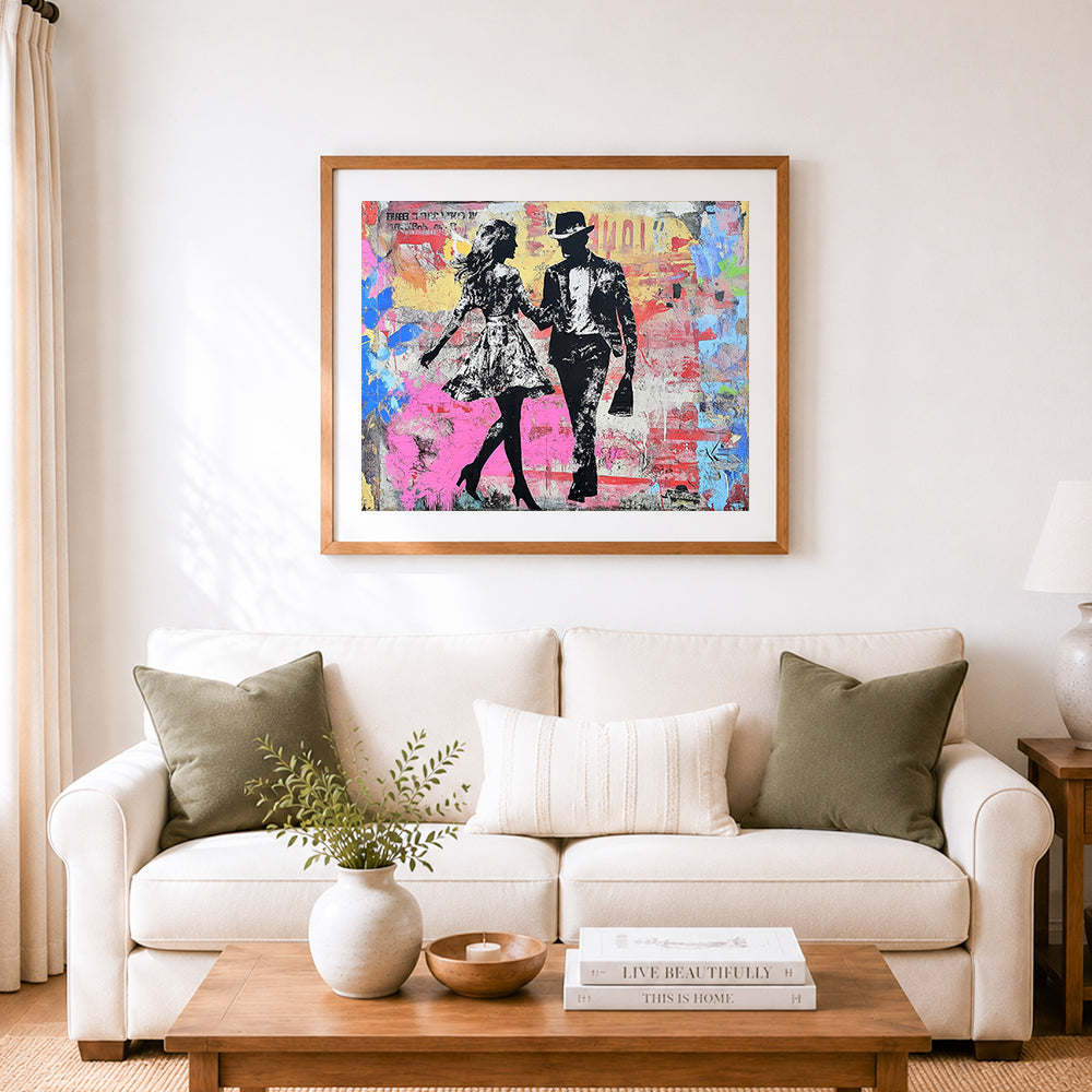 Finished walking lovers in graffiti art cross stitch artwork displayed as home decor