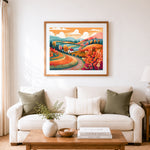 Finished warm autumn countryside cross stitch artwork displayed as home decor