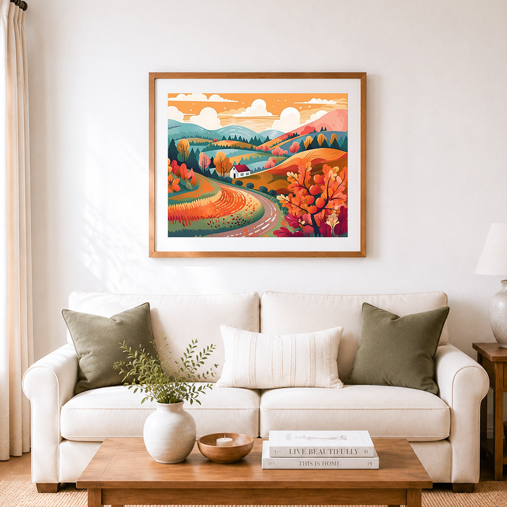 Finished warm autumn countryside cross stitch artwork displayed as home decor