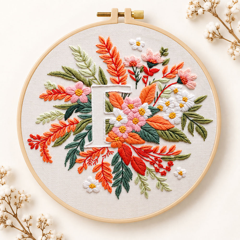 Warm autumn foliage and letter f embroidery kit