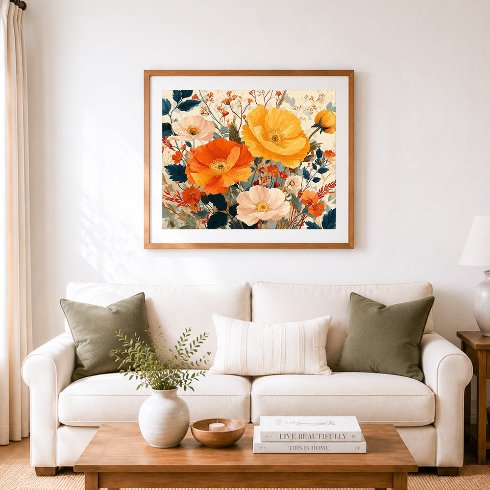 Finished warm autumn wildflower cluster cross stitch artwork displayed as home decor