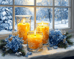 Warm candles and blue hydrangeas on winter windowsill cross stitch kit for beginners