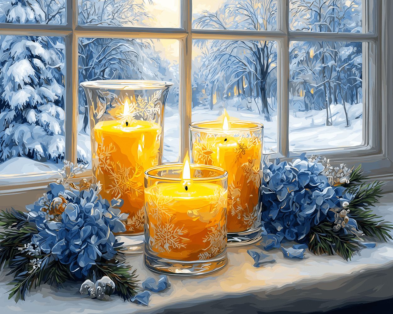 Warm candles and blue hydrangeas on winter windowsill cross stitch kit for beginners