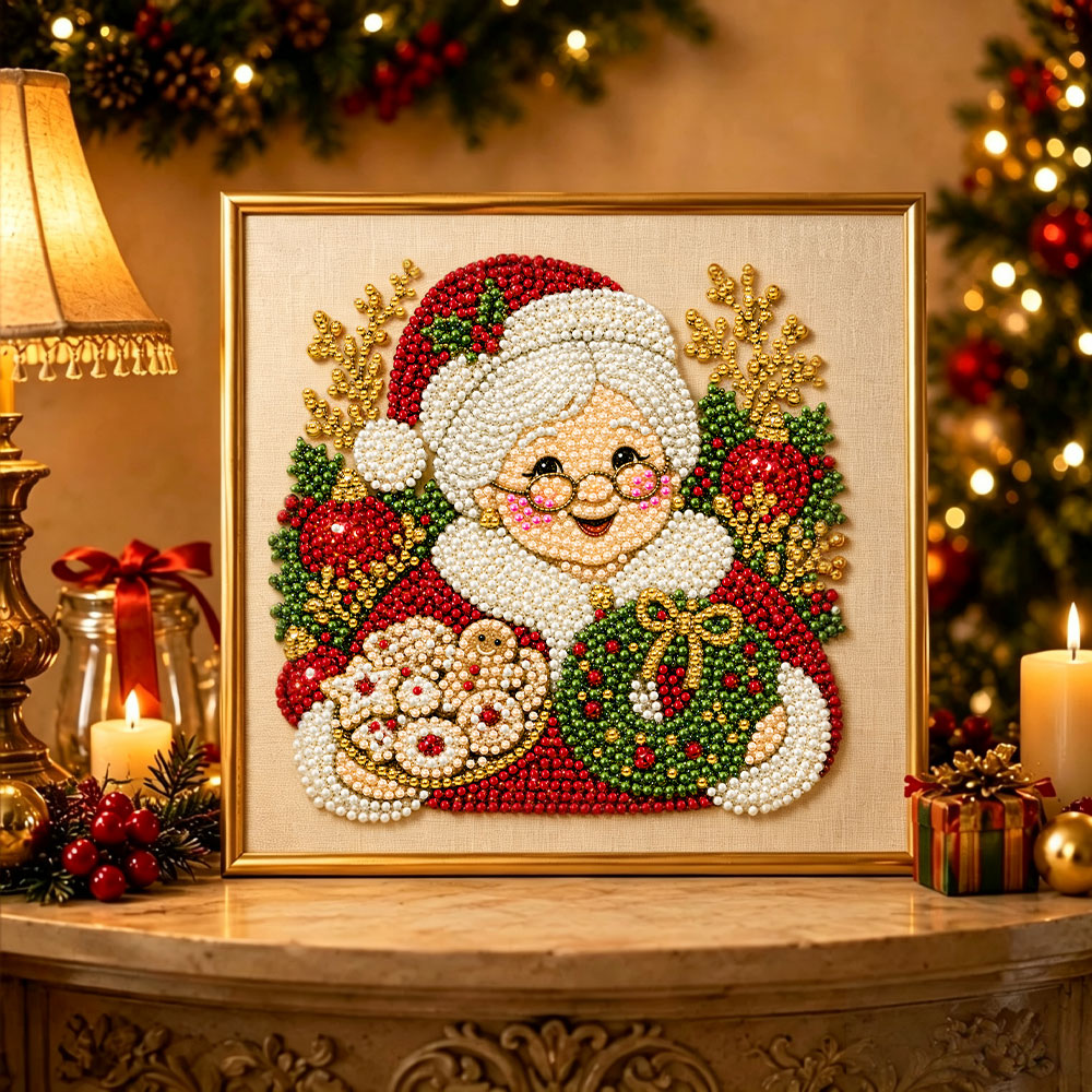 Finished warm christmas grandmother pearl diamond painting artwork displayed as holiday home decor