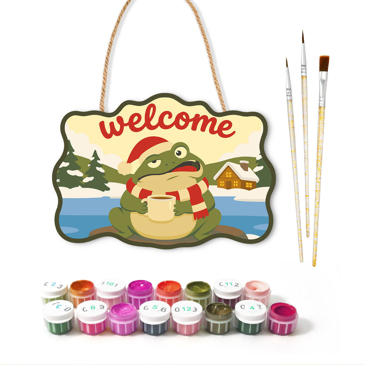 Warm drink frog scene paint by numbers door hanger with paints and brushes