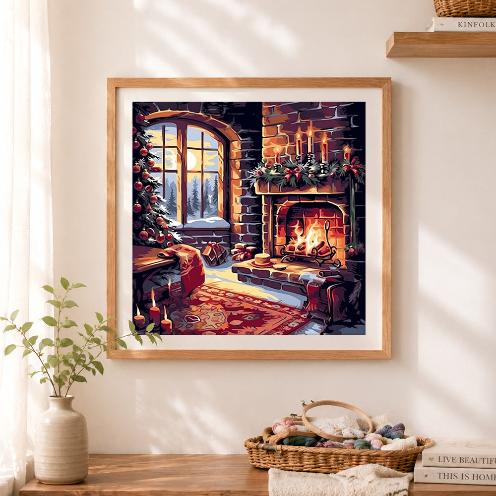 Finished warm fireplace christmas nook cross stitch artwork displayed as home decor