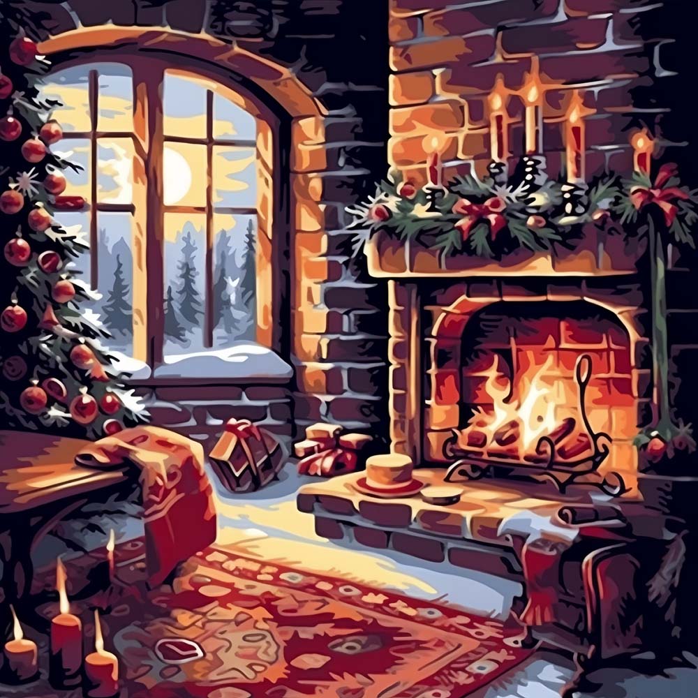 Warm fireplace christmas nook cross stitch kit for beginners