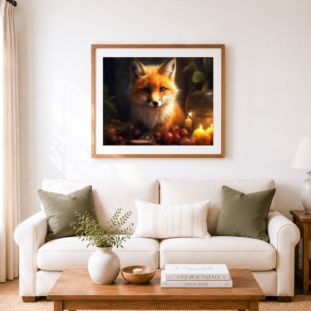 Finished warm fox in candlelight cross stitch artwork displayed as home decor