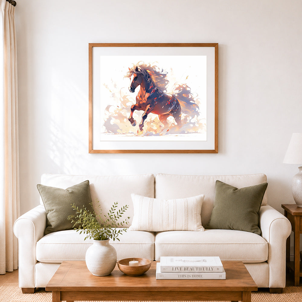 Finished warm glow running horse cross stitch artwork displayed as home decor