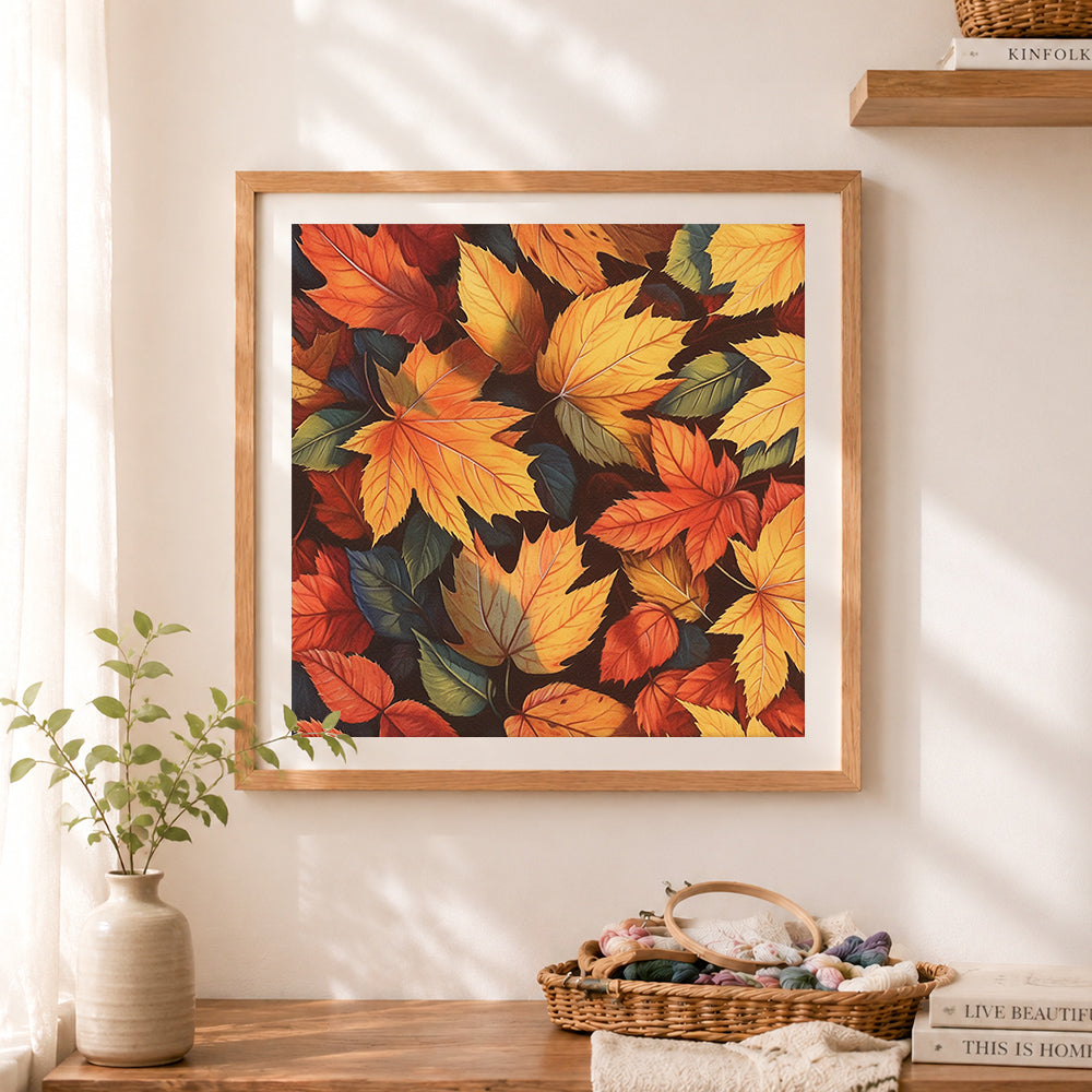 Finished warm golden and red autumn leaves cross stitch artwork displayed as home decor