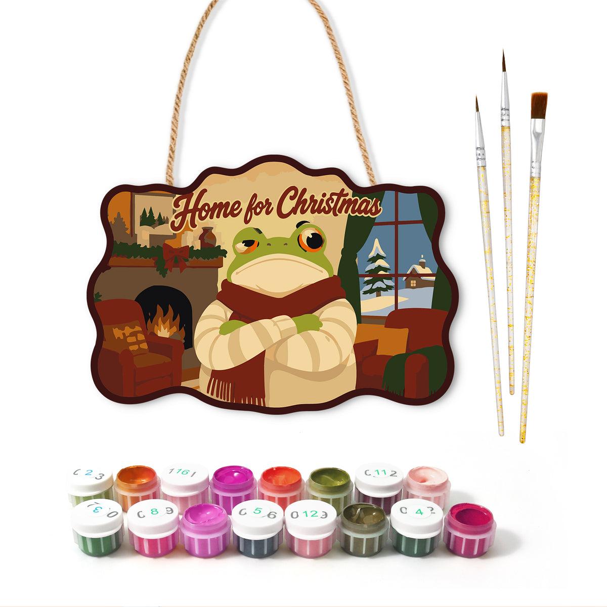 Warm indoor holiday paint by numbers door hanger with paints and brushes