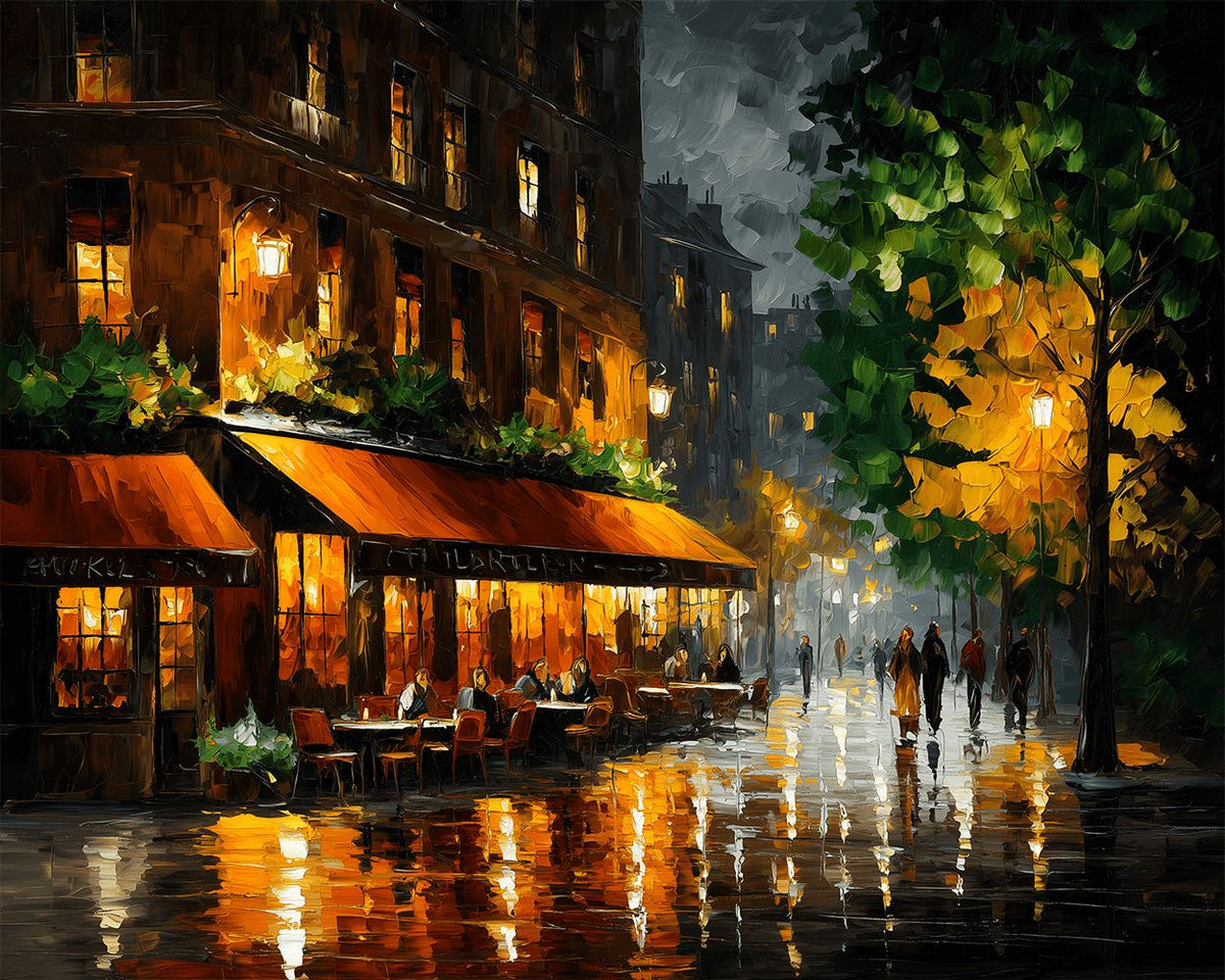 Warm light cafe on a rainy street cross stitch kit for beginners