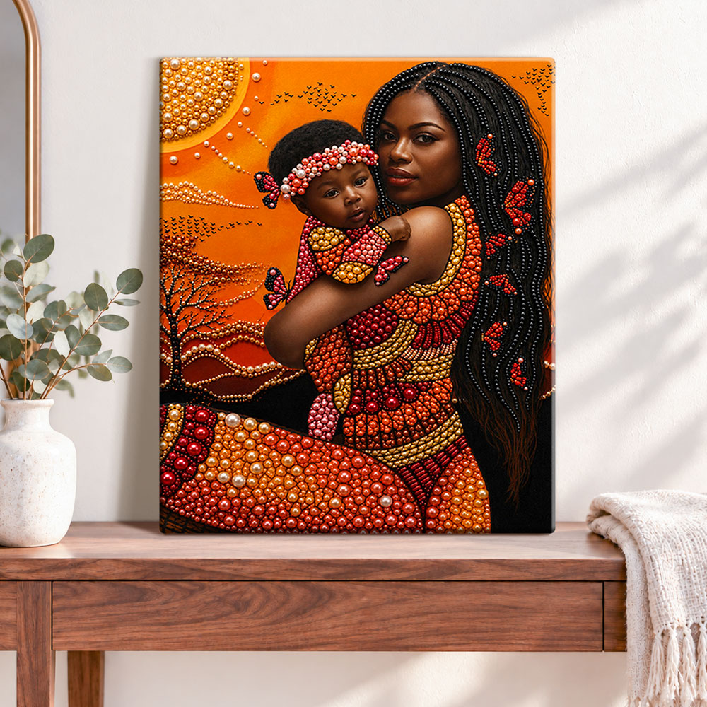 Finished warm mother’s embrace pearl diamond painting artwork displayed as home decor
