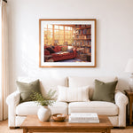 Finished warm reading nook cross stitch artwork displayed as home decor
