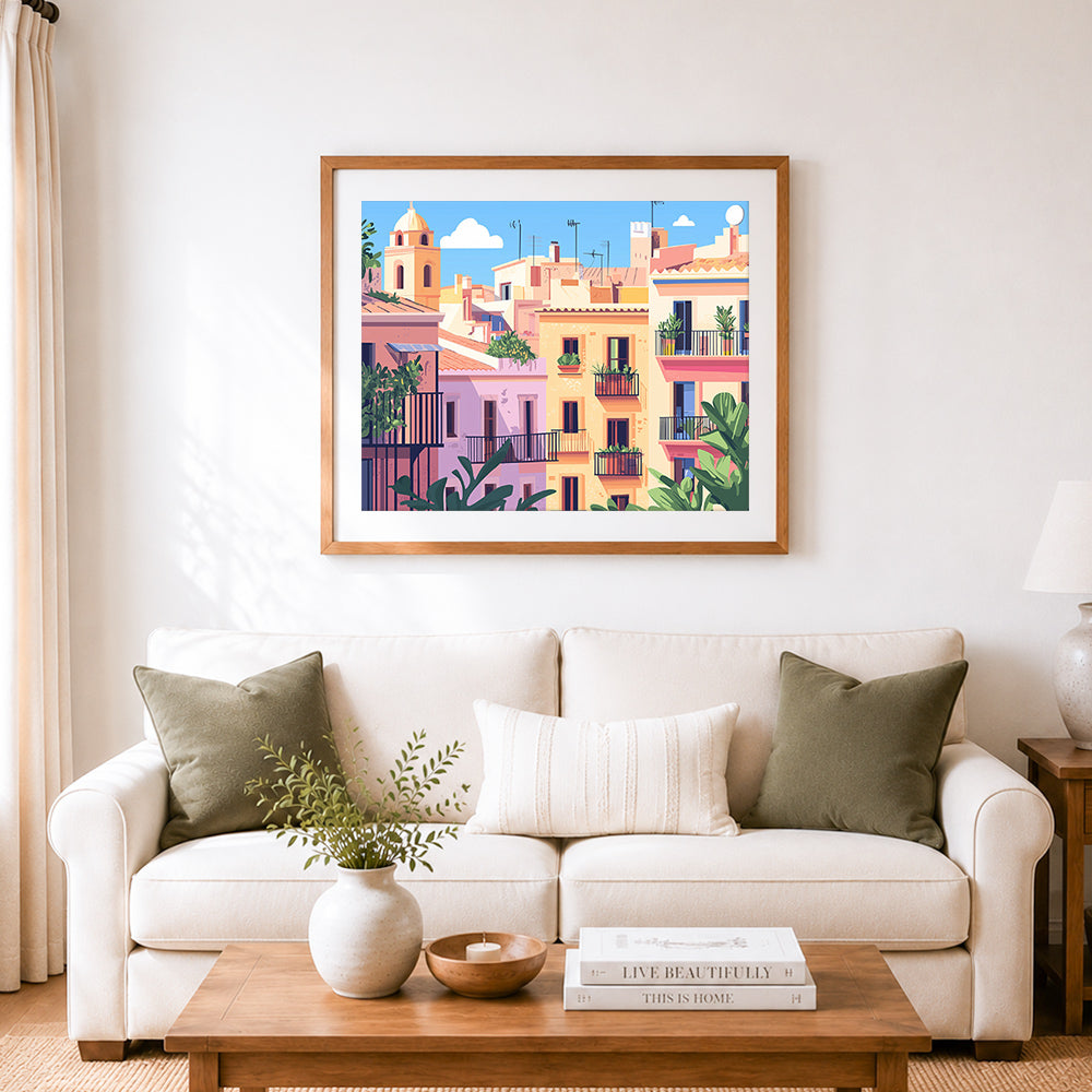 Finished warm spanish town rooftops cross stitch artwork displayed as home decor