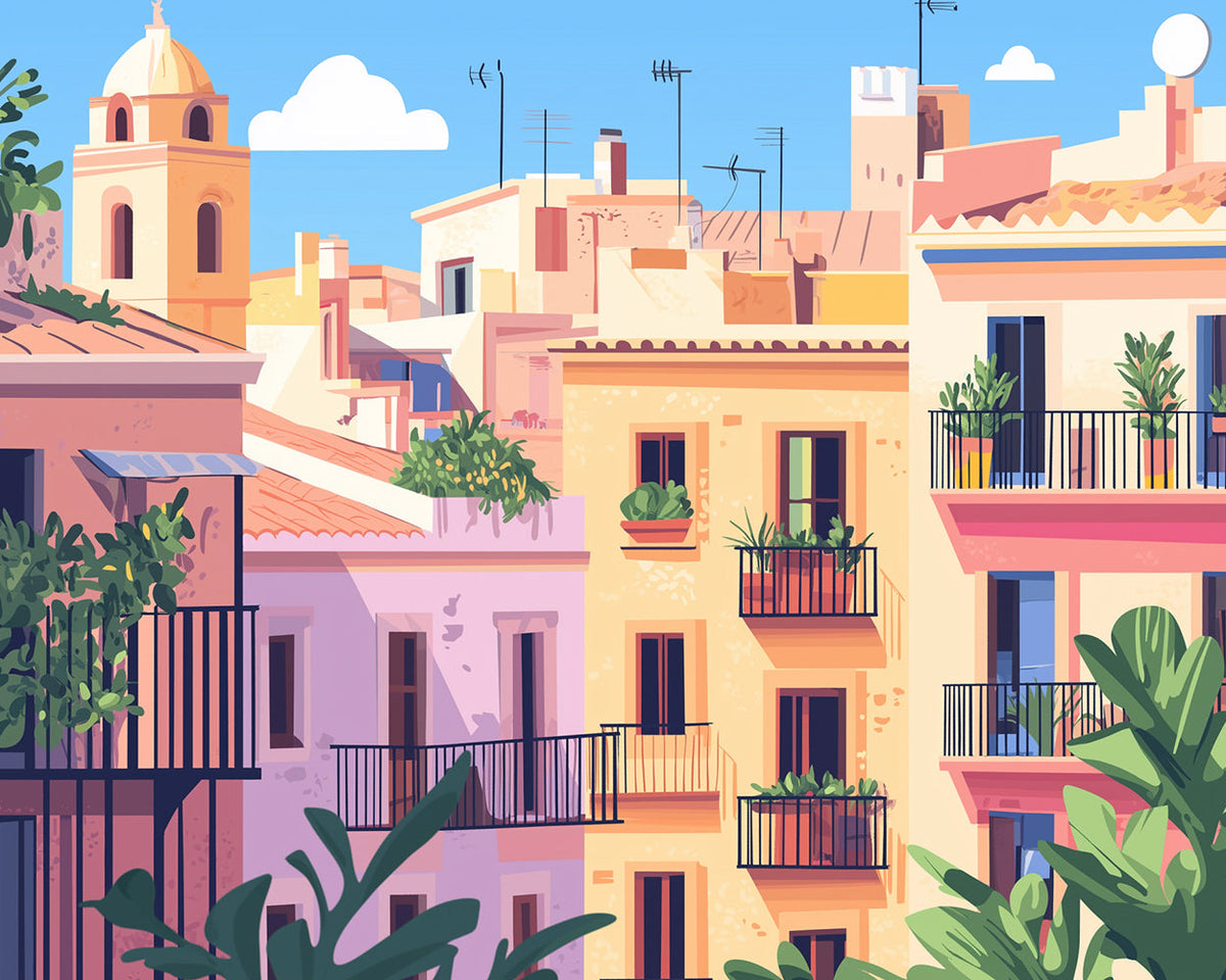 Warm spanish town rooftops cross stitch kit for beginners