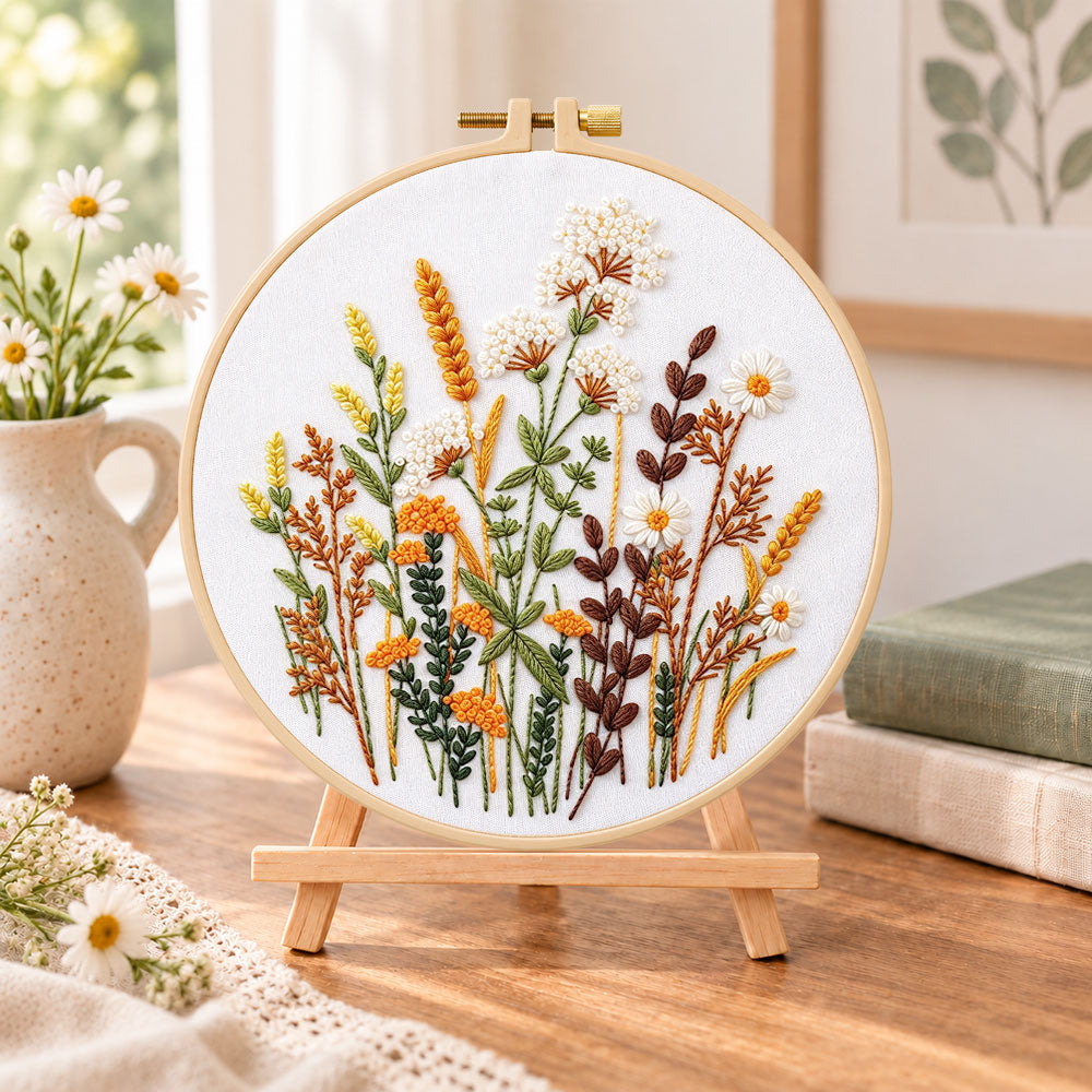 Warm tone dried florals embroidery kit finished hoop displayed on a wooden stand as cozy tabletop decor