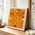 Warm tone punk xmas tree punch needle artwork displayed on a table
