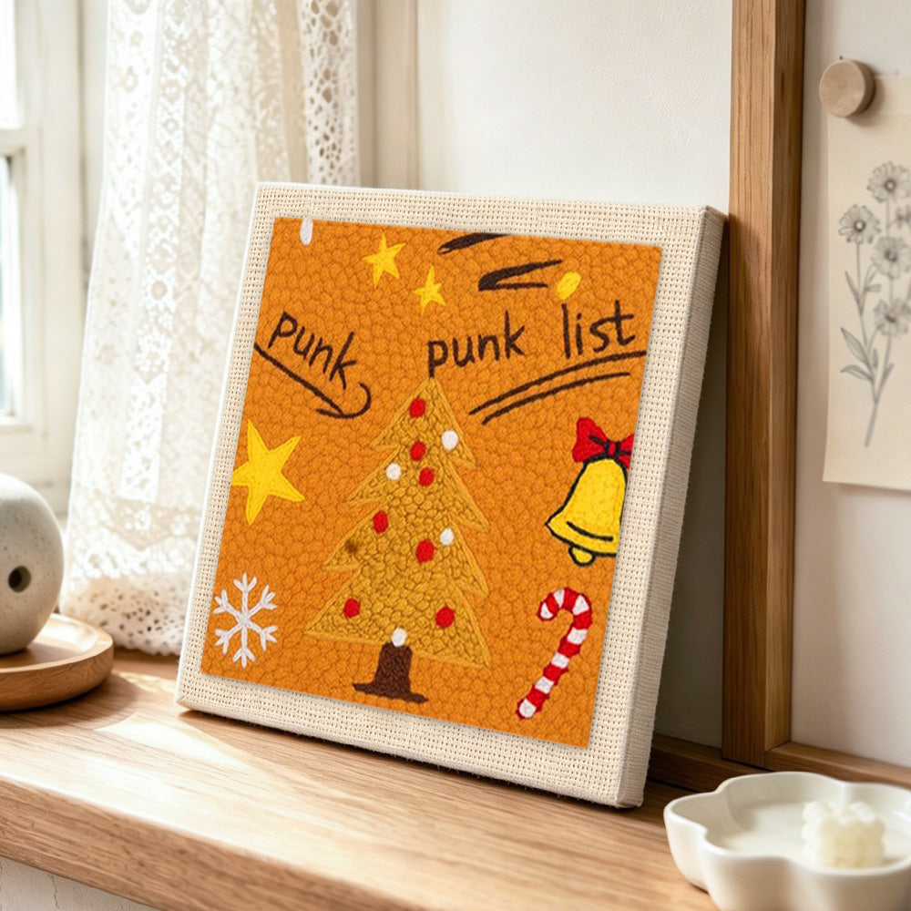 Warm tone punk xmas tree punch needle artwork displayed on a table