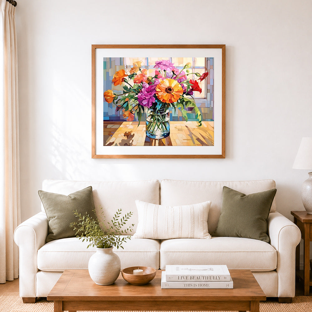 Finished warm window side floral art cross stitch artwork displayed as home decor