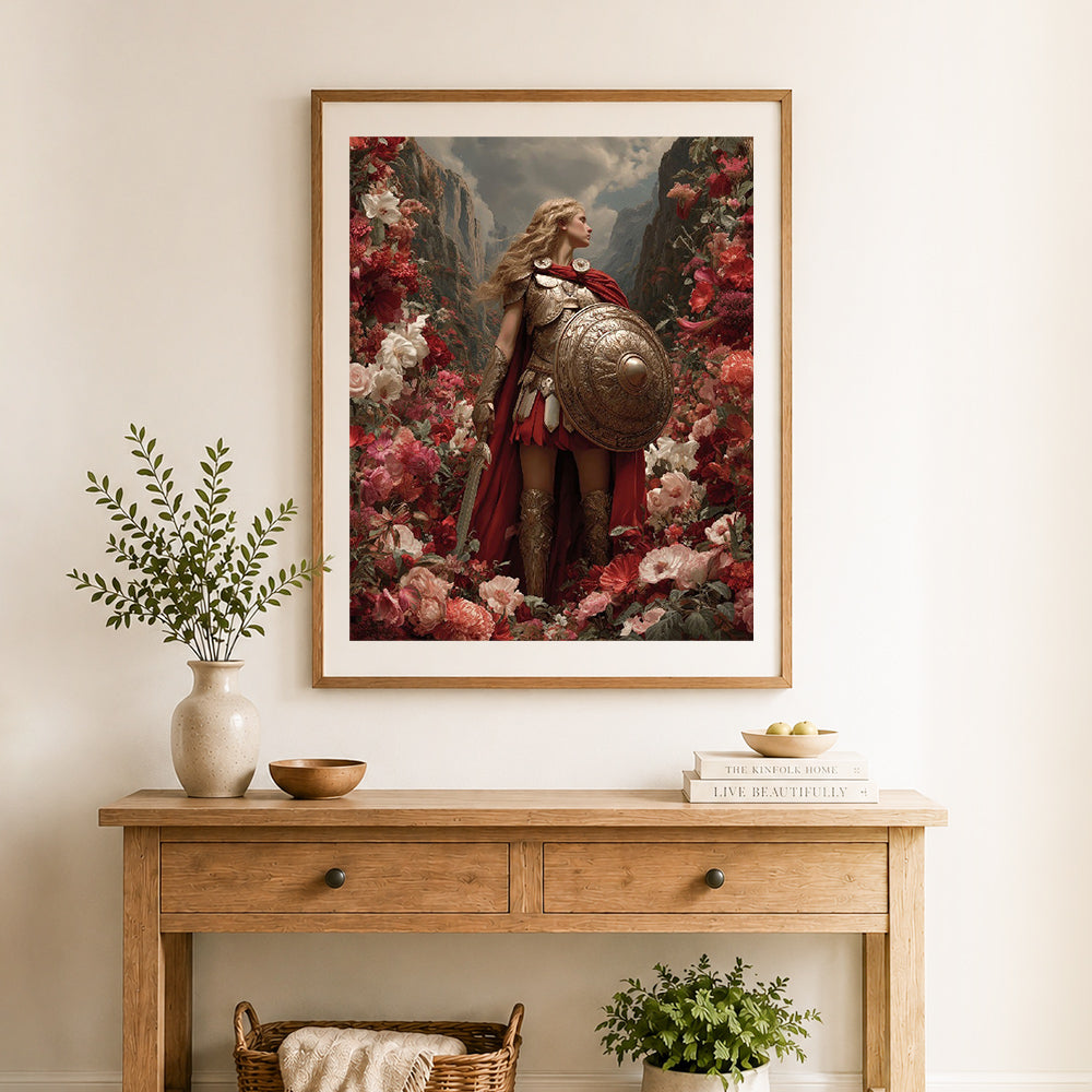 Finished warrior among blooms cross stitch artwork displayed as home decor
