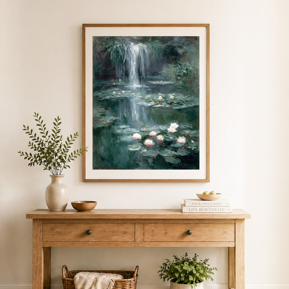 Finished water lily waterfall cross stitch artwork displayed as home decor
