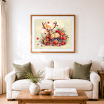 Finished watercolor autumn deer and fruits cross stitch artwork displayed as home decor