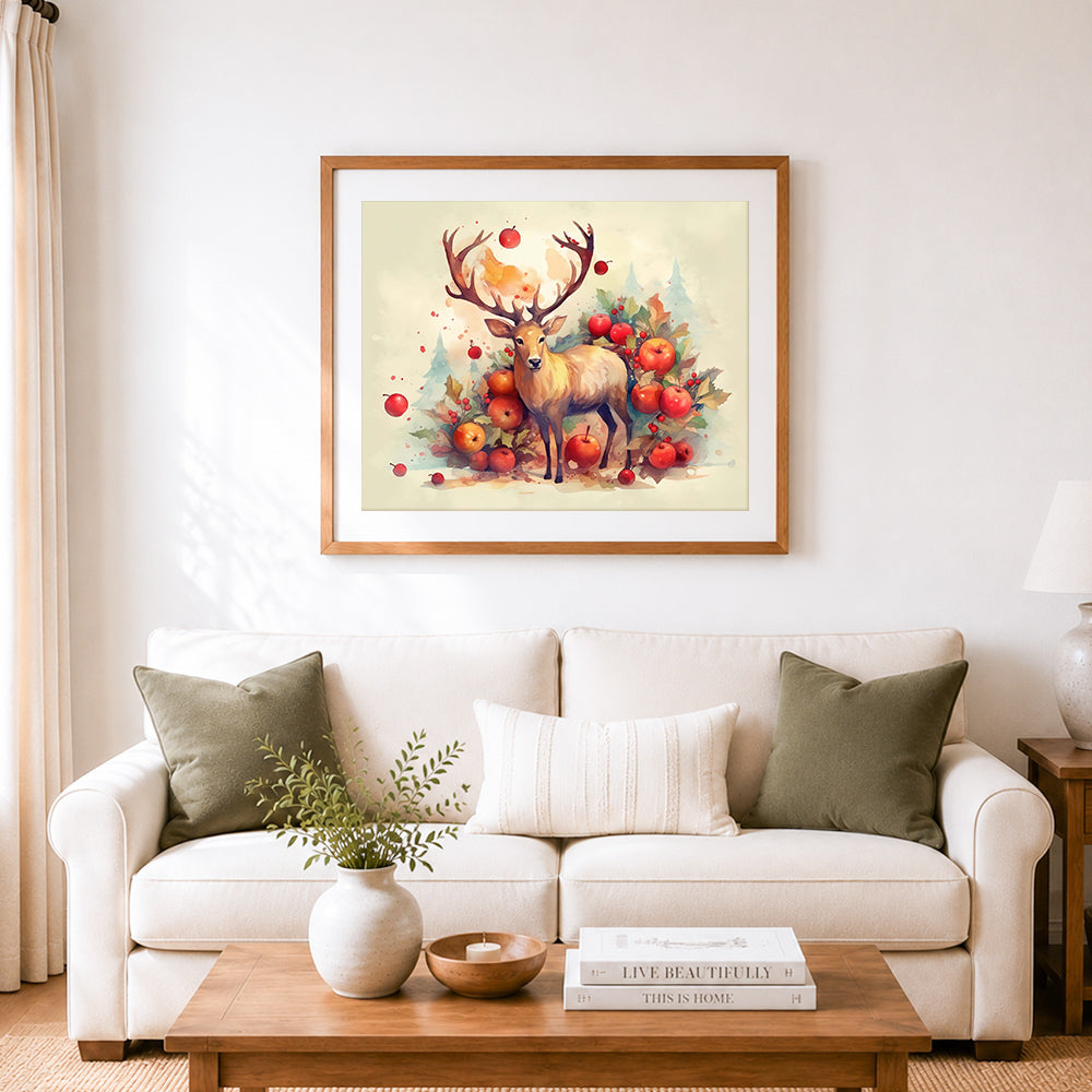 Finished watercolor autumn deer and fruits cross stitch artwork displayed as home decor