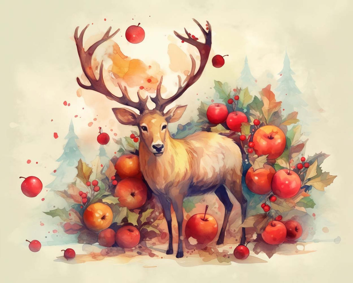 Watercolor autumn deer and fruits cross stitch kit for beginners