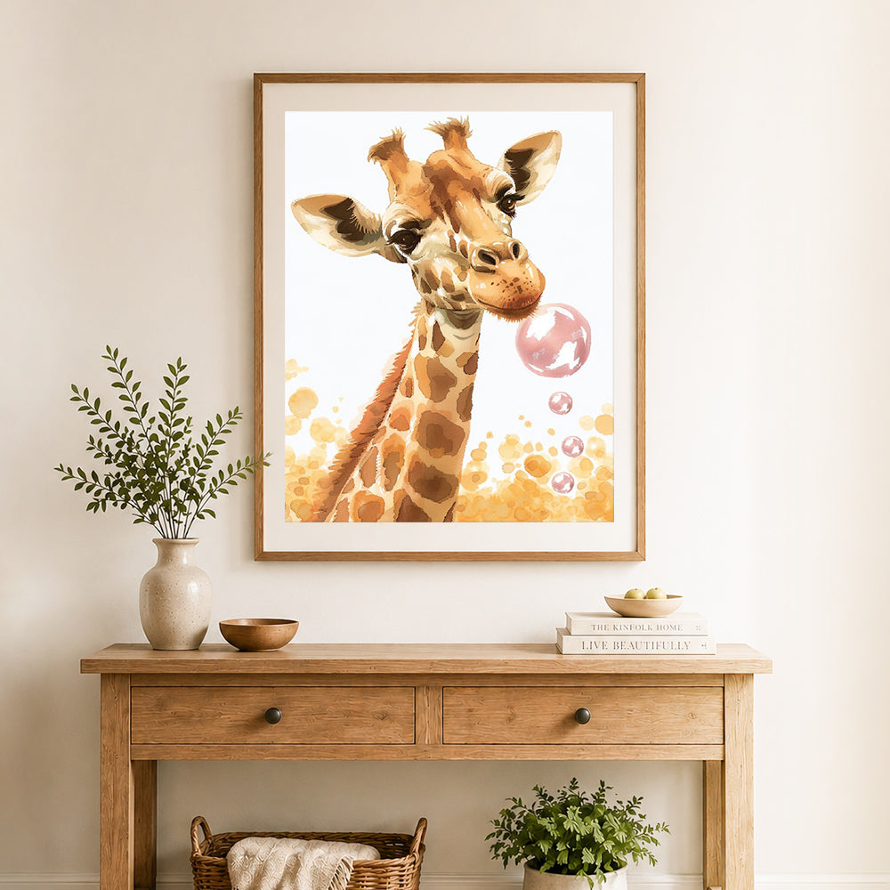 Finished watercolor bubble giraffe cross stitch artwork displayed as home decor
