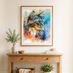 Finished watercolor calico cat profile cross stitch artwork displayed as home decor