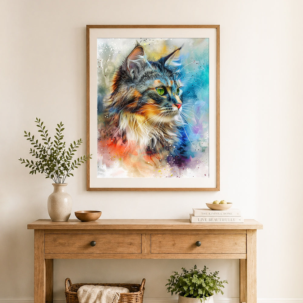 Finished watercolor calico cat profile cross stitch artwork displayed as home decor