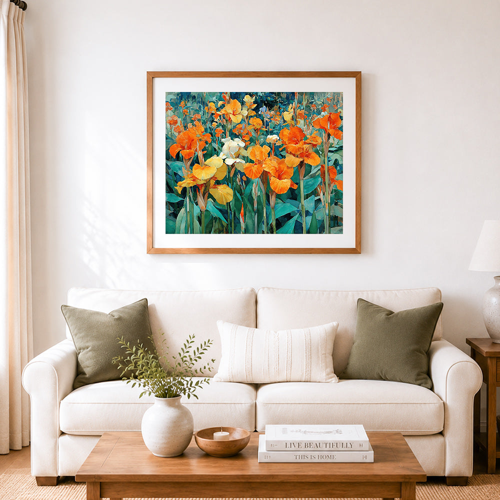 Finished watercolor canna lily field cross stitch artwork displayed as home decor